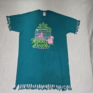 Vintage Jerzees Waikiki Beach Hawaii Bright Neon Fringe Shirt Dress Classic Funk